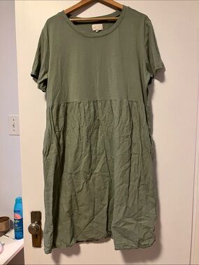 Relaxed Olive Midi Dress - Soft Short Sleeve Cotton and Linen- Made in Italie